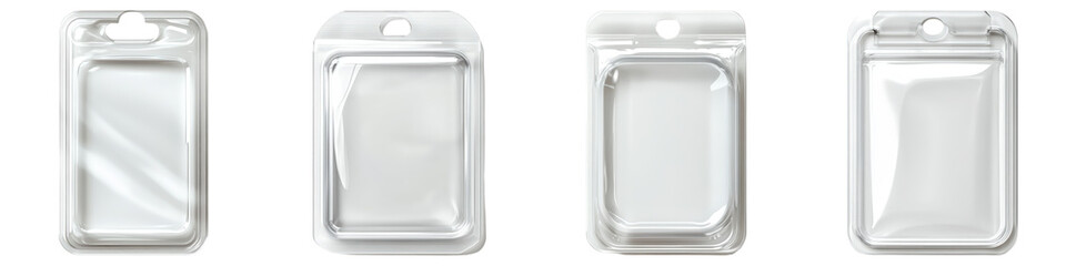 Collection of Plastic Blister Pack With Hang Tab On Transparent Png Background For Custom Retail Packaging Mockup . Generative ai