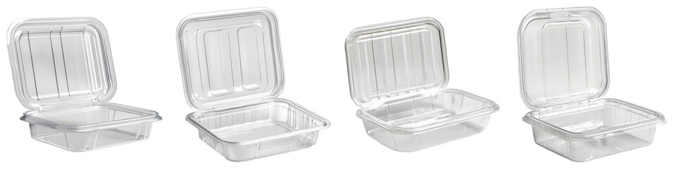 Collection of Plastic Clamshell Food Container With Hinged Lid On Transparent Png Background For Takeout Packaging Mockup . Generative ai