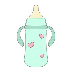 A green beautiful pacifier for a baby with pink hearts. Vector illustration on transparent background. Baby items doodle. Baby items vector sketch for web design.