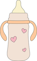 A beige beautiful pacifier for a baby with pink hearts. PNG illustration on transparent background. Baby items doodle. Baby items vector sketch for web design.