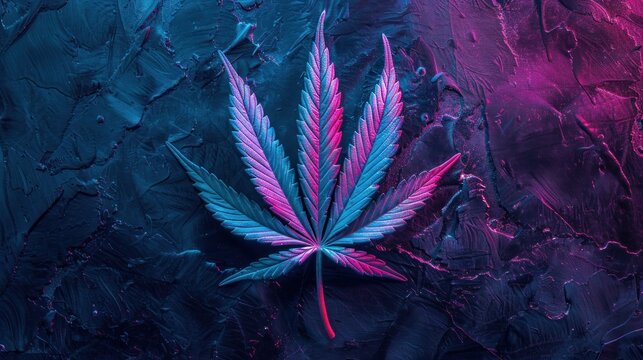 A neon pink and blue marijuana leaf on a dark background. Glowing art style. High resolution image.