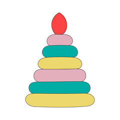 Сhildren's toy – pyramid of green, red, yellow and pink plastic rings. Vector illustration on transparent background. Baby items doodle. Baby items vector sketch for web design.
