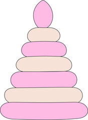 Сhildren's toy – pyramid of beige and pink plastic rings. PNG illustration on transparent background. Baby items doodle. Baby items vector sketch for web design.