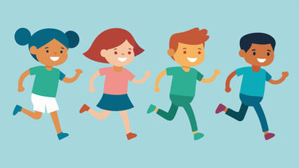 running children vector illustration, group of active kids playing clipart graphic illustration