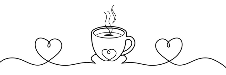 A cup of tea or coffee. Delicious, breakfast or snack.Style One continuous line drawing. Symbol, banner, background, logo, for printing. Vector