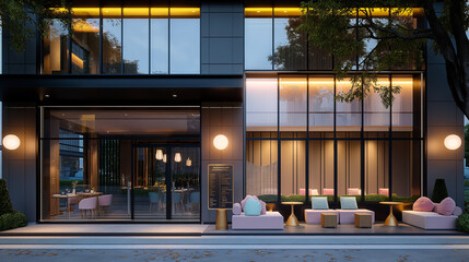 The restaurant should have a stylish entrance with contemporary signage and a small seating area adorned with pastel-colored cushions and decor.