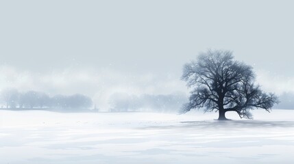 A large oak tree stands alone in the middle of a field in winter. The ground is covered with pure white snow. There is thick white fog and snowstorms everywhere.