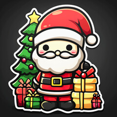 Cartoon Santa Claus with Christmas Tree and Gifts