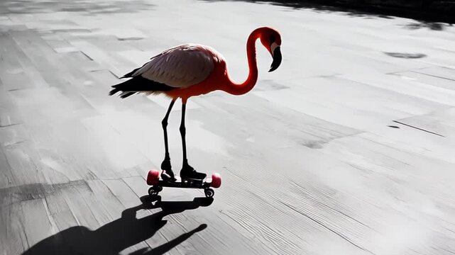 Low-angle close-up: Flamingo balances on roller skates against wooden deck. Selective color highlights pink plumage. Monochrome background accentuates surreal juxtaposition.