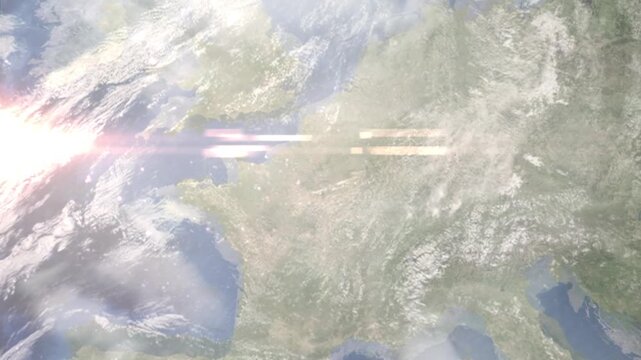 Earth zoom in from space and focus on Champs sur Marne, France. Background for travel intro or blog. Satellite view. 3D style Animation. Images from NASA.