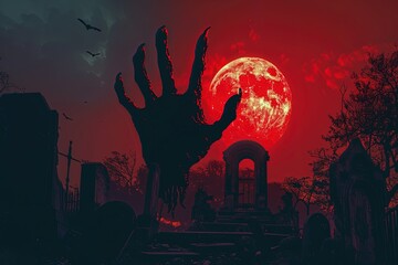 Zombie Hand Rising Out Of A Cemetery In Spooky Night At Red Moonlight