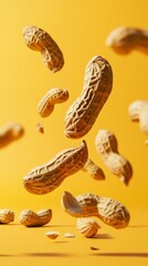 Obraz premium Falling Fresh Peanuts on yellow Background: Dynamic Culinary Composition for Healthy Living. Organic Legumes in Motion, Showcasing Nutritious Ingredients and Plant-Based Lifestyle. Panoramic Depth Vie