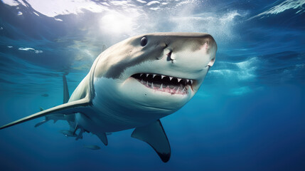 Fototapeta premium Majestic Great White Shark in Blue Ocean Depths