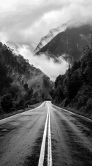 A winding road through misty mountains, evoking a sense of adventure and tranquility in black and white.