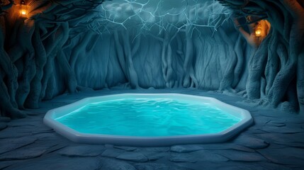 A spooky grotto with a glowing pool at its heart, surrounded by gnarled roots and flickering ghost lights, perfect for Halloween