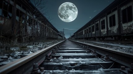 Naklejka premium Derelict train station overtaken by nature, with rusted locomotives and tracks covered in vines, under a full moon, creating a spooky, mysterious atmosphere