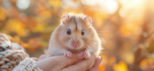 Cute hamster held in hands against autumn leaves