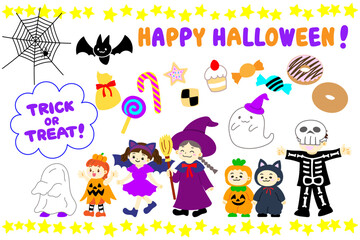 ハロウィンにお菓子をもらいに行く子どもたちのイラスト