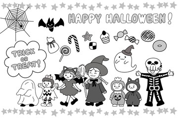 ハロウィンにお菓子をもらいに行く子どもたちのイラスト