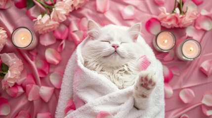 Top view close-up photo of a white cute ragdoll cat lies on its back in the spa with roses and candle lights in romantic pink style background