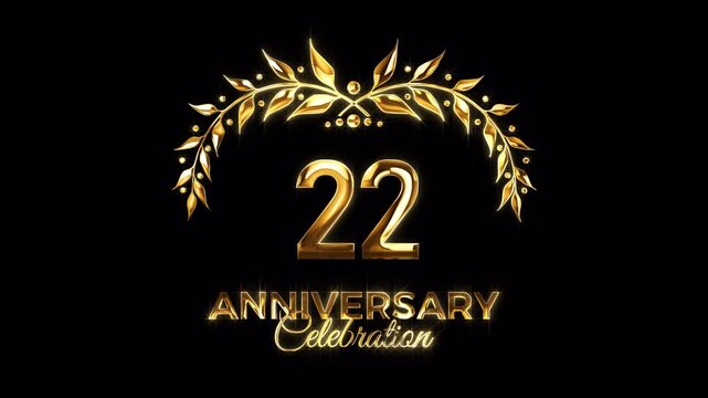 22nd Anniversary Celebration. Happy 22 Years Anniversary Animation in Gold Color on the Transparent Background, Alpha Channel. Great for greetings, celebrations, events, and gifts.