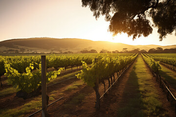 Fototapeta premium Golden Sunset Over Peaceful Vineyard Rows