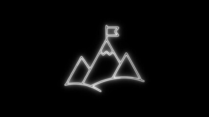 Neon Glowing Mountain Icon with Flag on Black Background 4K Video