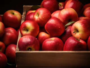 Fresh Red Apples in Rustic Wooden Crate on Dark Background
