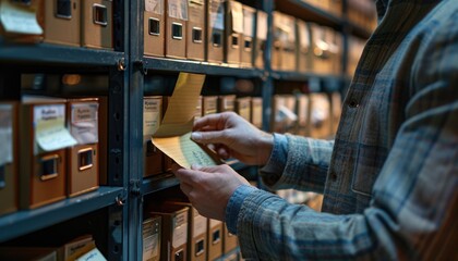 Archivist Organizing Documents in Vintage Filing System in a Library Archive Room