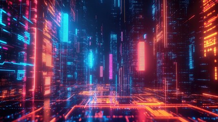 3D abstract night background with digital technology theme and copy space. Glowing neon elements and futuristic vibes.