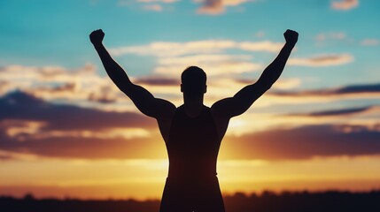 Fototapeta premium Silhouette of a strong man celebrating against a vibrant sunset, symbolizing victory, strength, and determination.