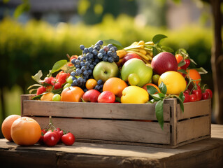 Assorted Fresh Fruits in Rustic Wooden Crate Outdoors
