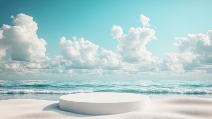 Obraz premium 3D podium on a sandy beach with copy space for product display, blue sky, and fluffy white clouds in the background.