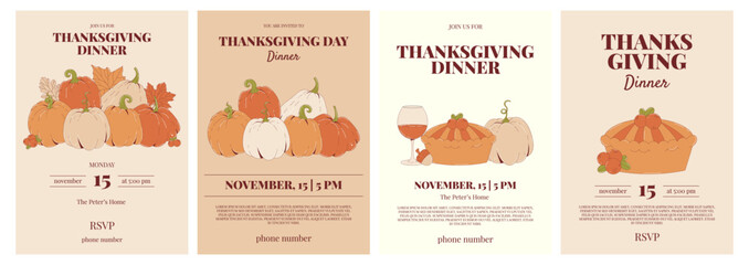 Happy Thanksgiving day poster set. Festive backgrop with autumn leaves, pumpkins, cranberry and more. Thanksgiving dinner invitation. Vector Illustration