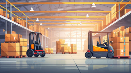 Fototapeta premium Modern Warehouse Interior with Forklifts and Stacked Boxes