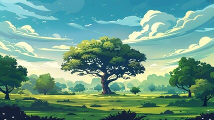 Fantasy world landscape, forest, green plains and bright sky. In the center was a large tree that stood out among the other trees