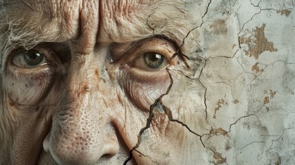 Closeup of Elderly Man's Face with Cracked Texture Overlay, Capturing the Passage of Time