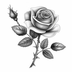 Elegant black and white illustration of a rose with detailed petals and leaves, perfect for botanical art and nature-themed designs.