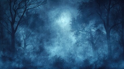Obraz premium Mysterious Foggy Forest at Night with Dark Trees and Moonlight Glow