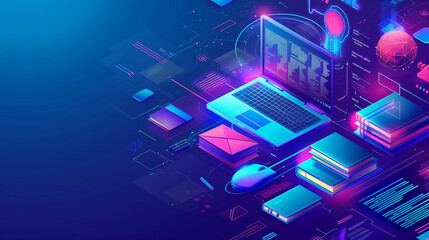 A computer monitor with a keyboard and mouse on a blue background. The image is a representation of a computer system and its components