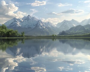 Naklejka premium Breathtaking mountain landscape with serene lake reflecting the peaks and clouds under a clear blue sky.