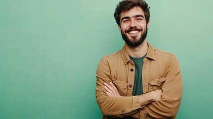 Bearded young man smiling confidently with arms crossed, standing against a soft pastel green background. Waist-up portrait, minimal style.