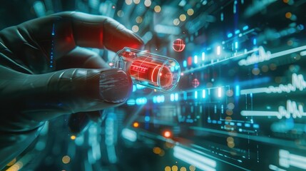 Fototapeta premium Virtual doctor prescribing 3D holographic pills, Pharmaceuticals, Future healthcare technology