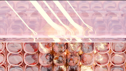 Sunscreen Cream or serum drop, Ultraviolet shield reflect UV sun light, Sunburn, skin cells, aging, sunblock lotion, SPF Ultraviolet Rays protection, Advertisements for cosmetics, collagen, 3d render	