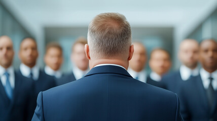 A business leader seen from behind, addressing a diverse team in formal attire. Blurred background and serious expressions highlight the meeting is important in a corporate environment.