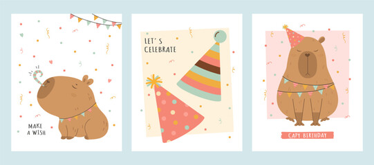 Birthday card set with capybaras and party hats