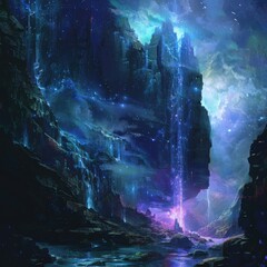 breathtaking cosmic landscape featuring vibrant colors stunning rock formations illuminated ethereal waterfalls.