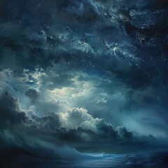 Obraz premium A captivating night sky filled with dramatic clouds and shimmering stars over a tranquil sea, evoking a sense of mystery and peace.