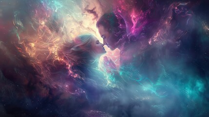 A cosmic encounter between two silhouettes, surrounded by vibrant nebula colors and ethereal beauty in a dreamlike space scene.