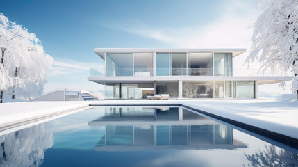 Fototapeta premium Luxurious Winter Retreat with Reflective Pool Design